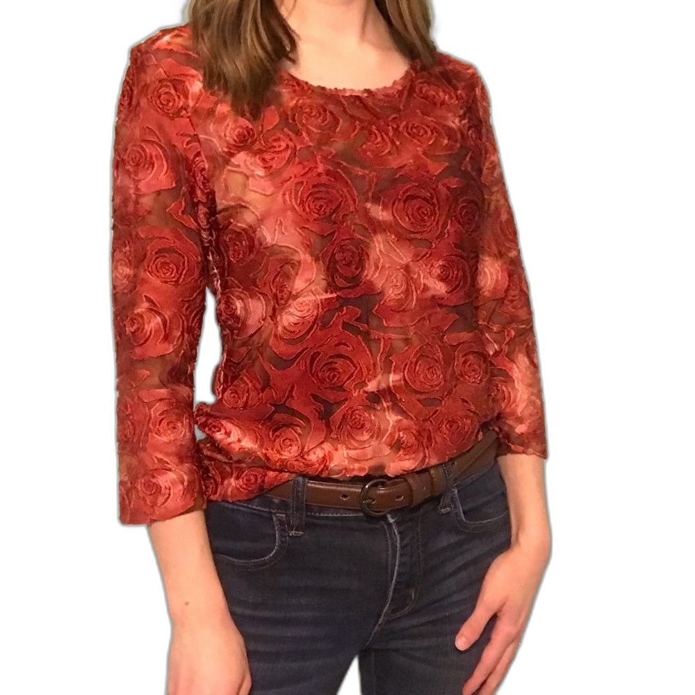 Acorn Orange Textured Velvet Long Sleeve Blouse Size Small